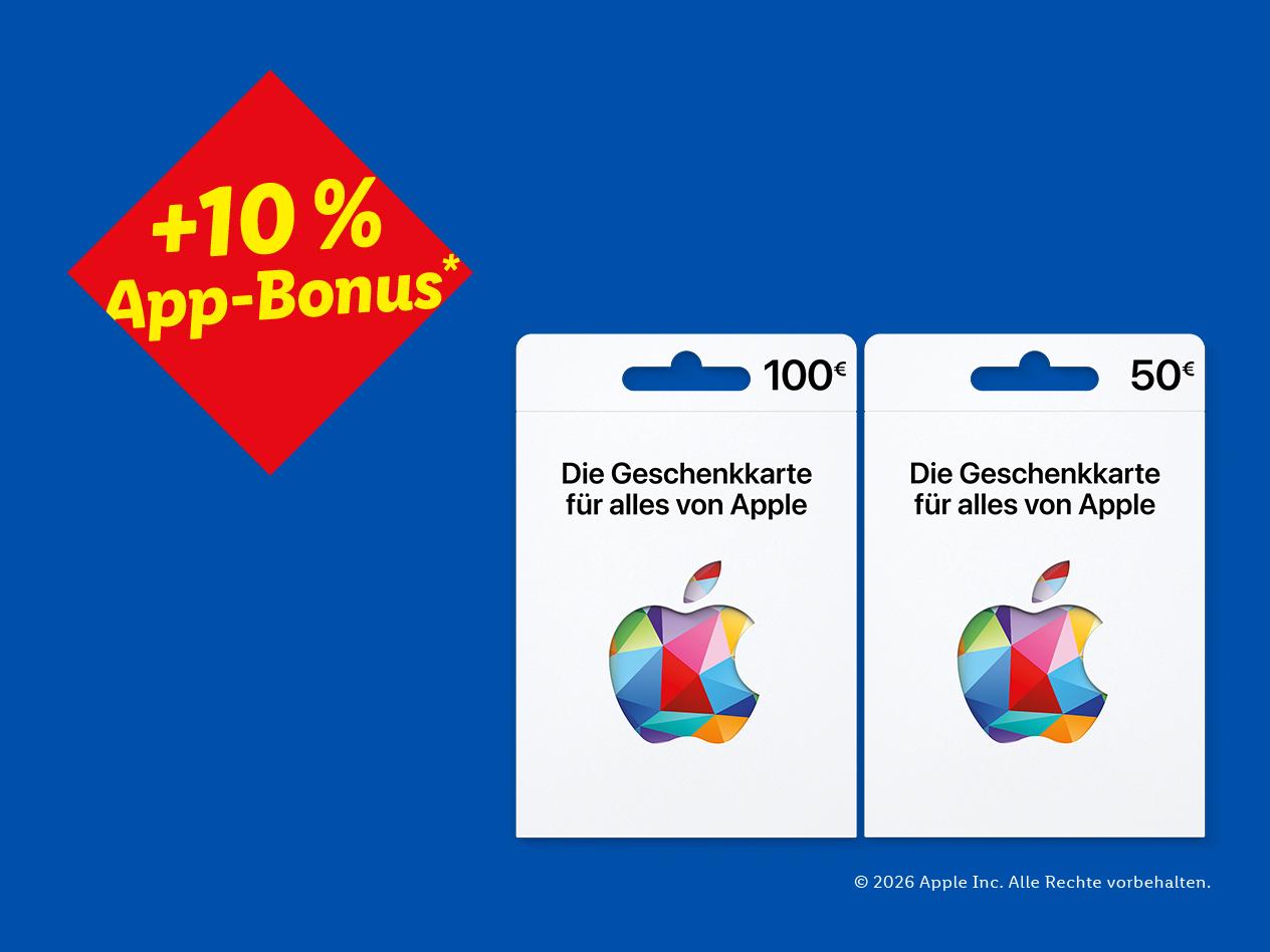 Zwei Geschenkkarten (100€ und 50€) mit einem +10% App-Bonus Angebot.