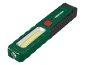 Grüne und schwarze LED-Arbeitsleuchte mit rotem Knopf und gelbem Lichtstreifen.