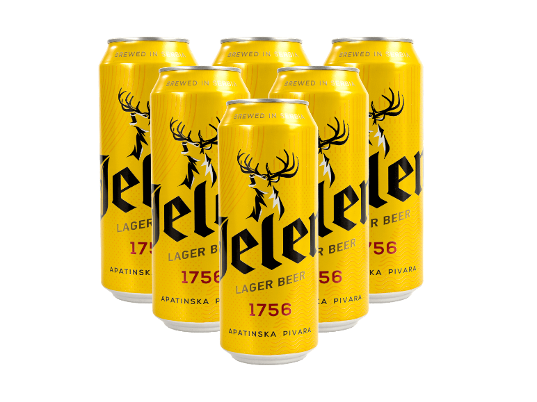 Sechs Dosen helles Lagerbier mit Hirschmotiv auf gelbem Hintergrund.