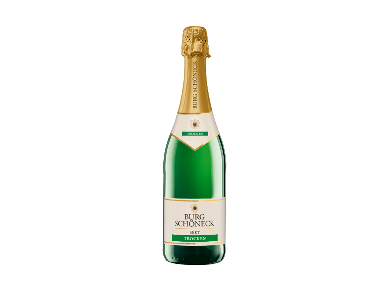 Eine Flasche trockener Sekt mit Goldfolie auf dem Korken.