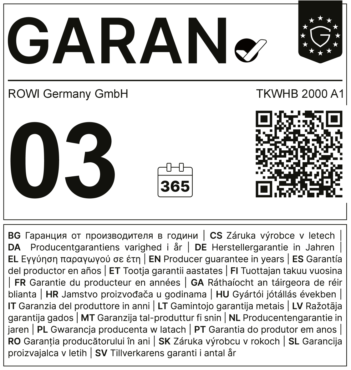 Herstellergarantiesiegel für 3 Jahre und 365 Tage, mit QR-Code und Modellnummer TKWHB 2000 A1.