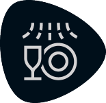 Spülmaschinengeeignet-Symbol: Glas und Teller unter Wasserstrahlen.