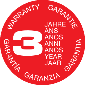 3 Jahre Garantie-Siegel in mehreren Sprachen.