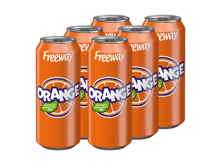 Sechs Dosen Orangenlimonade auf schwarzem Hintergrund.