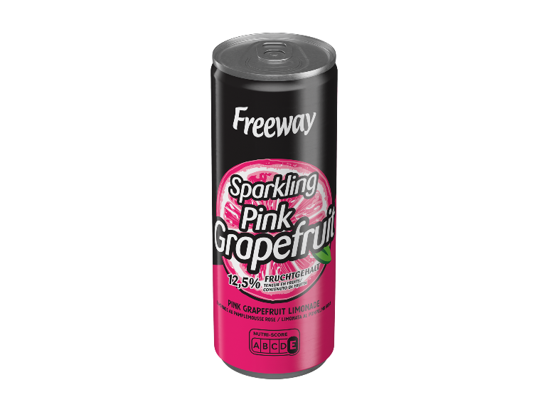 3/4-Ansicht: Freeway Sparkling Pink Grapefruit kohlensäurehaltiges Erfrischungsgetränk in der Dose