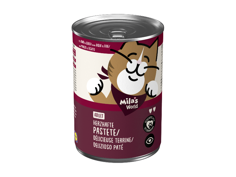 3/4-Ansicht: Verpackung von MAX & MILA'S WORLD Katzenfutter mit Rind und Leber