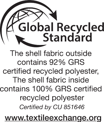 Global Recycled Standard: Außenstoff 92% GRS-zertifiziertes recyceltes Polyester, Innenstoff 100% GRS-zertifiziertes recyceltes Polyester. Zertifiziert von CU 851646.