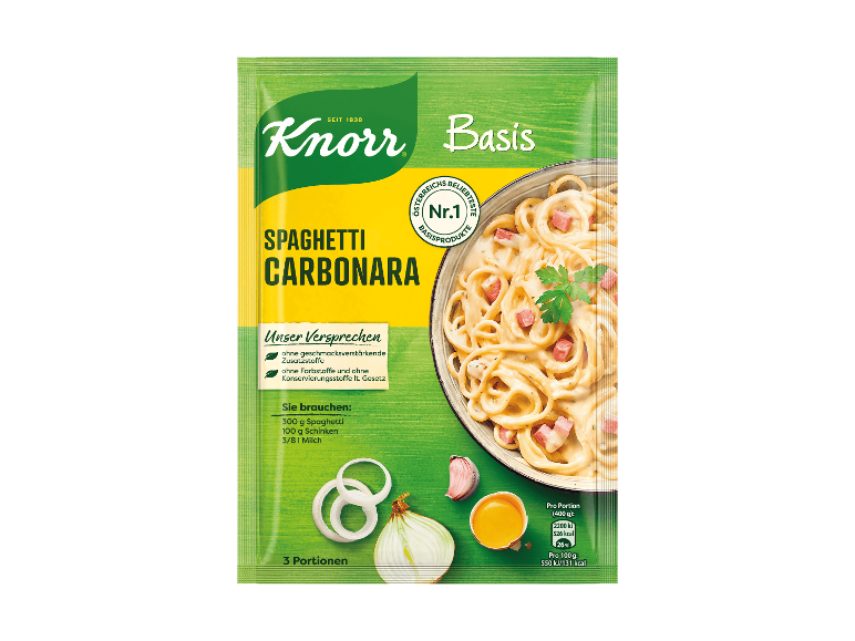 Verpackung für Spaghetti Carbonara Basis-Saucenmischung.