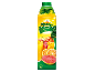 1L Packung tropischer Saft mit einem Glas Saft.