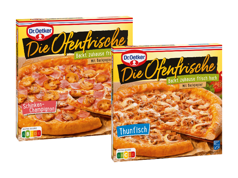 Zwei Packungen Tiefkühlpizza in den Sorten Schinken-Champignon und Thunfisch.