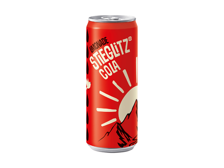Rote Limonadendose mit Sonnen- und Bergemotiv.