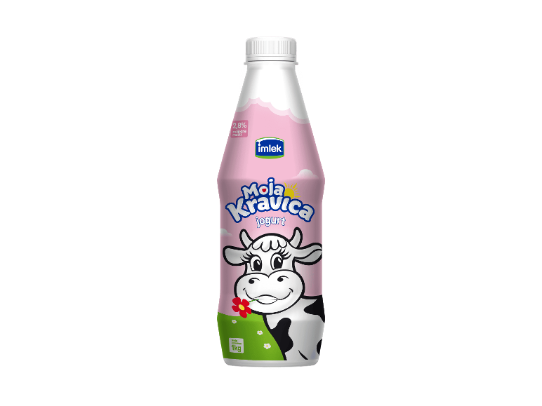 Naturjoghurt 1 kg in der Plastikflasche mit rosa Etikett und Kuh-Motiv.
