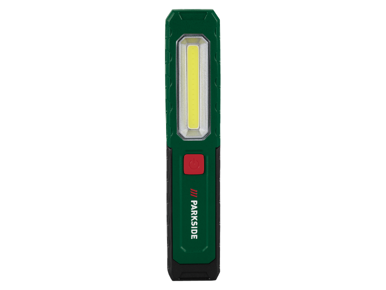 Grüne LED-Arbeitsleuchte mit rotem Einschaltknopf.