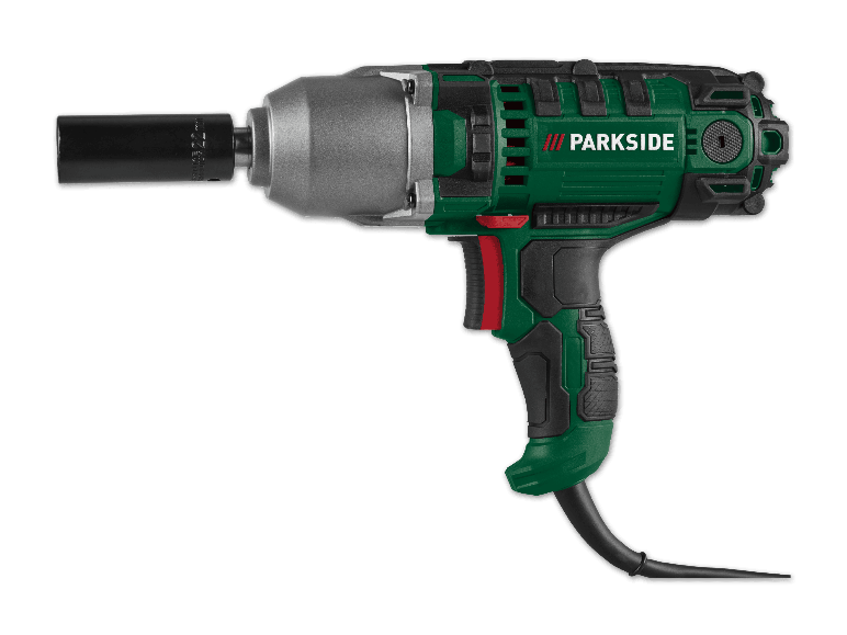 Seitenansicht: Parkside Elektro-Drehschlagschrauber mit Zubehör