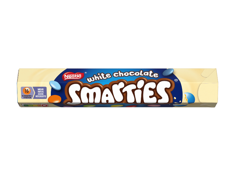 Nestlé Smarties Weiße Schokolade in einer Pappschachtel.