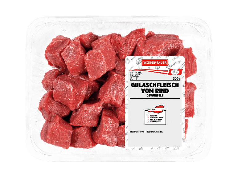 Wiesentaler Gulaschfleisch vom Rind, gewürfelt, 500g Packung
