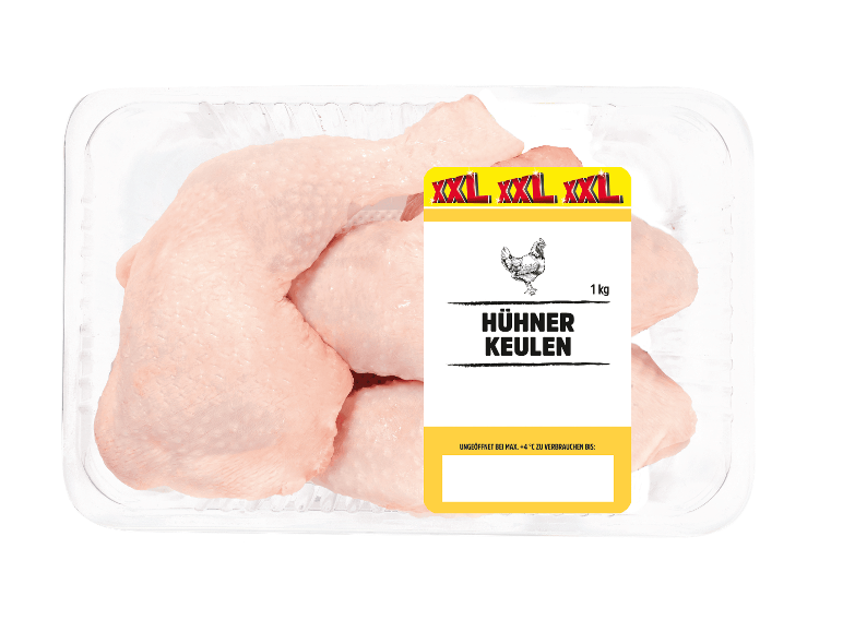 Lidl XXL Hühnerkeulen in der 1 kg Packung.