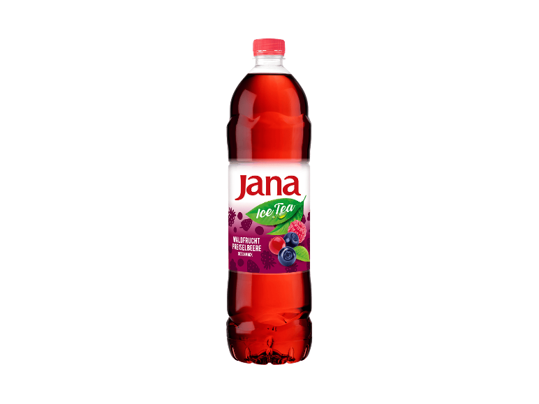 Jana Eistee mit Waldfrucht-Preiselbeer-Geschmack in der Plastikflasche.