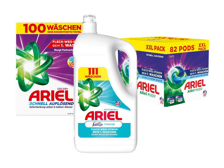 Ariel Waschpulver, Flüssigwaschmittel und Waschmittel-Pods.