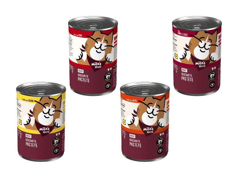 Vier Dosen herzhafte Pastete für ausgewachsene Katzen in verschiedenen Sorten.