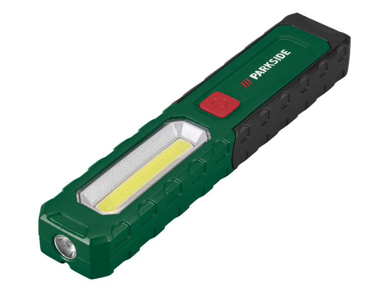Grüne und schwarze LED-Arbeitsleuchte mit rotem Knopf und gelbem Lichtstreifen.