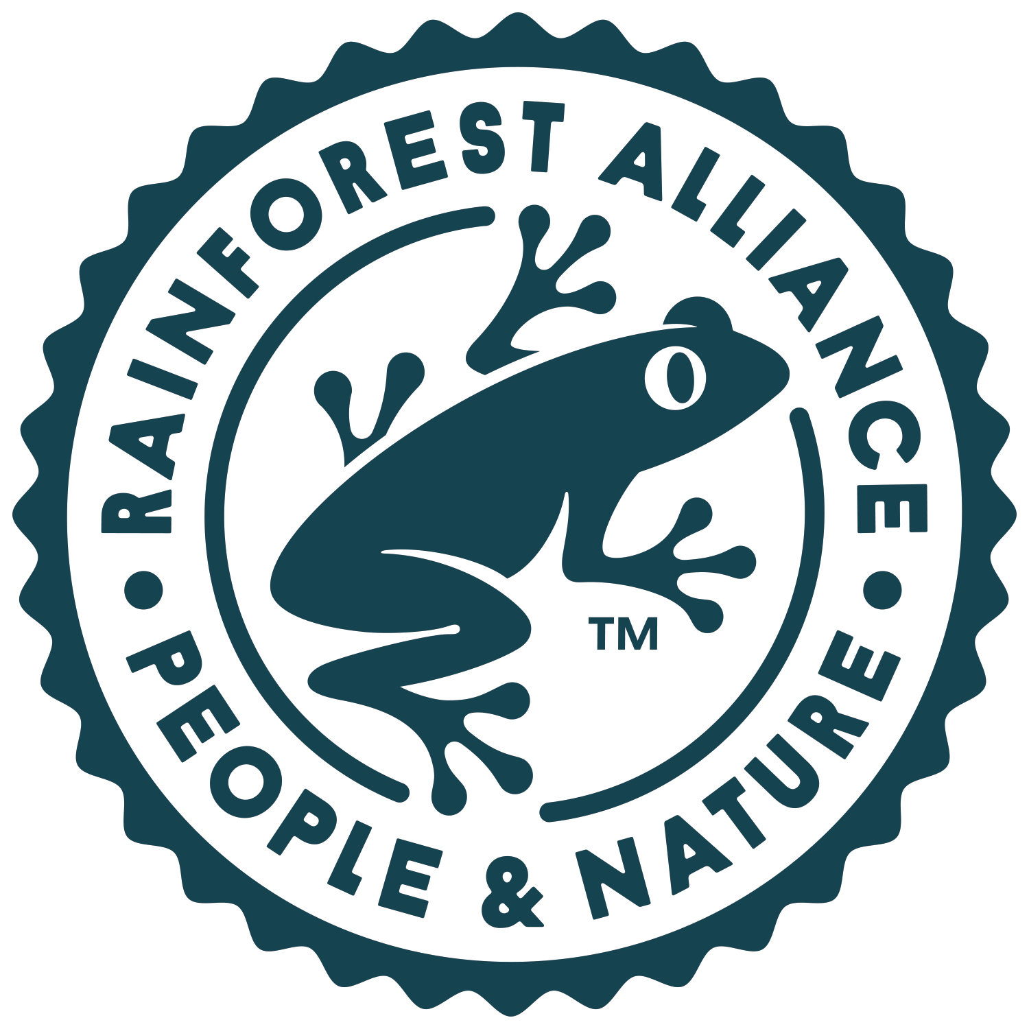Rundes Siegel mit einem Frosch und der Aufschrift 'Rainforest Alliance People & Nature'.