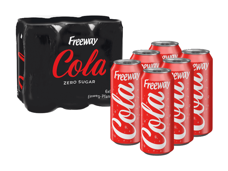 Ein Sechserpack zuckerfreie Cola in schwarzer Verpackung und sechs rote Coladosen daneben.