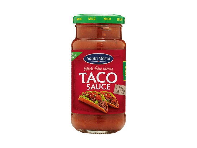 Milde Taco-Sauce mit Stückchen ohne Zuckerzusatz im Glas.