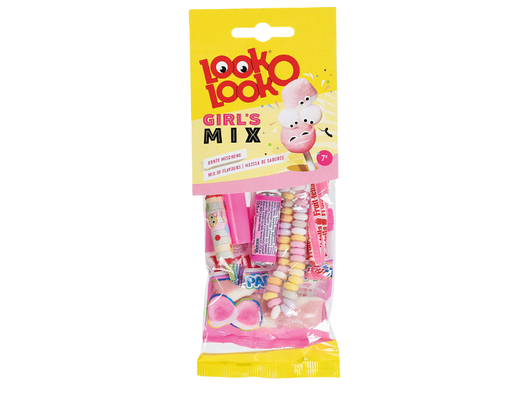 Süßigkeitenmischung in Rosa- und Gelbtönen in einer transparenten Verpackung.