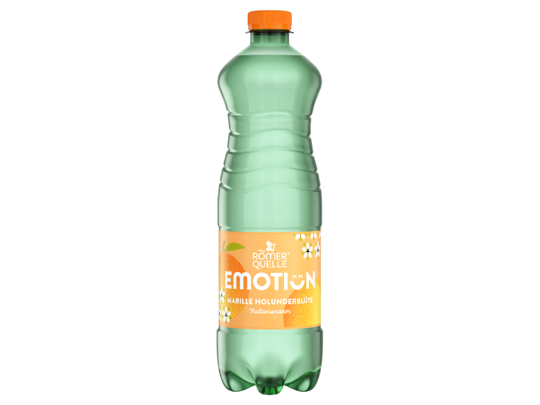 Römerquelle Emotion Marille Holunderblüte in einer grünen Plastikflasche.