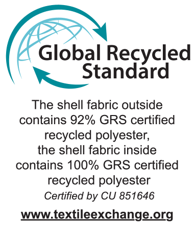 Global Recycled Standard: Außenmaterial 92% GRS-zertifiziertes recyceltes Polyester, Innenmaterial 100% GRS-zertifiziertes recyceltes Polyester. Zertifiziert durch CU 851646.