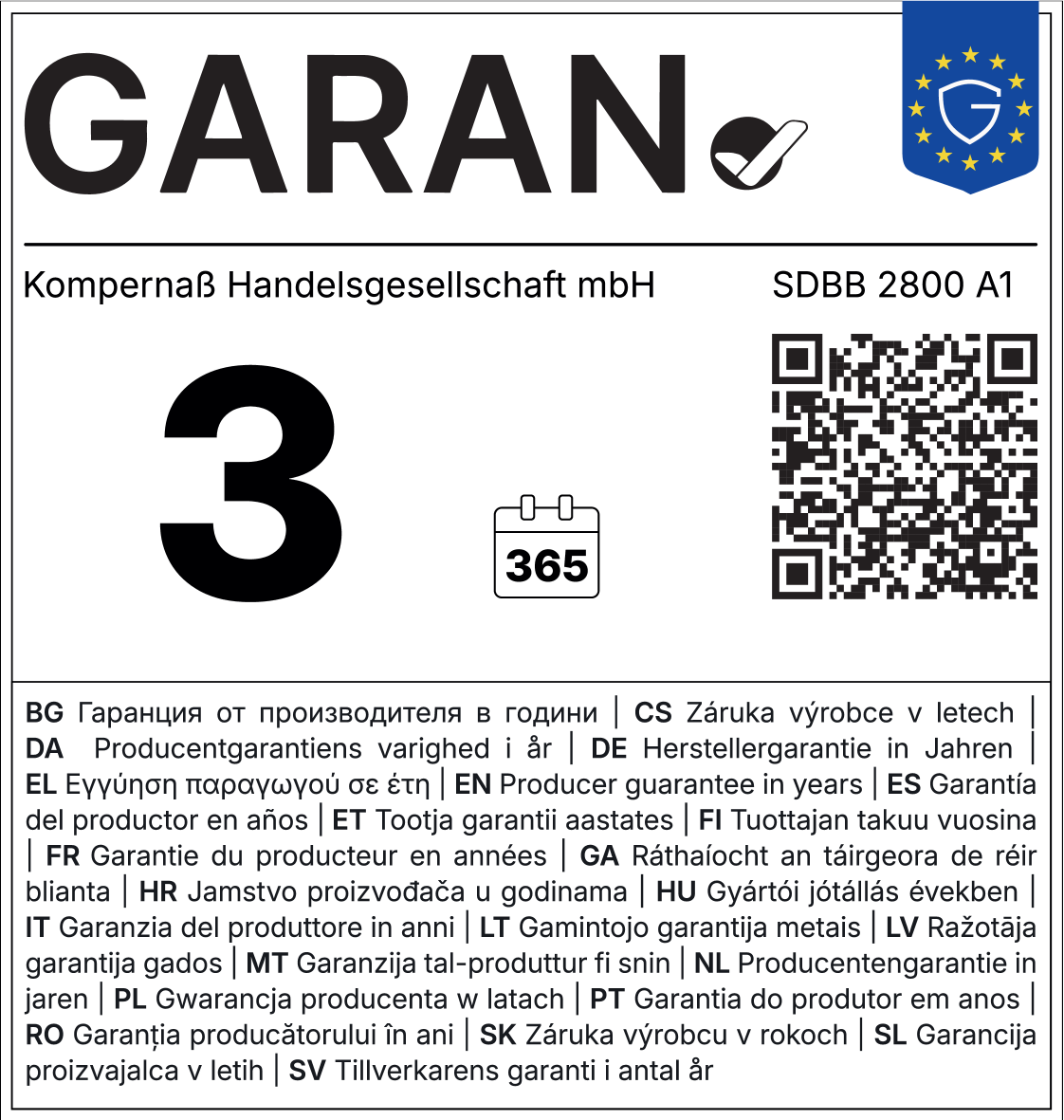 Garantie 3 Jahre (365 Tage), Herstellergarantie in mehreren Sprachen.