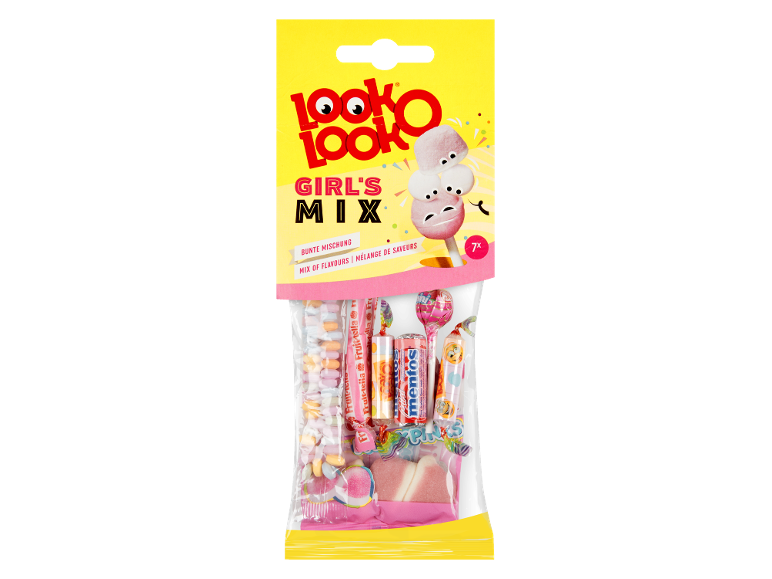Look-O-Look Girl's Mix Süßigkeiten-Sortiment mit Lollis, Kaubonbons und Gummibärchen.
