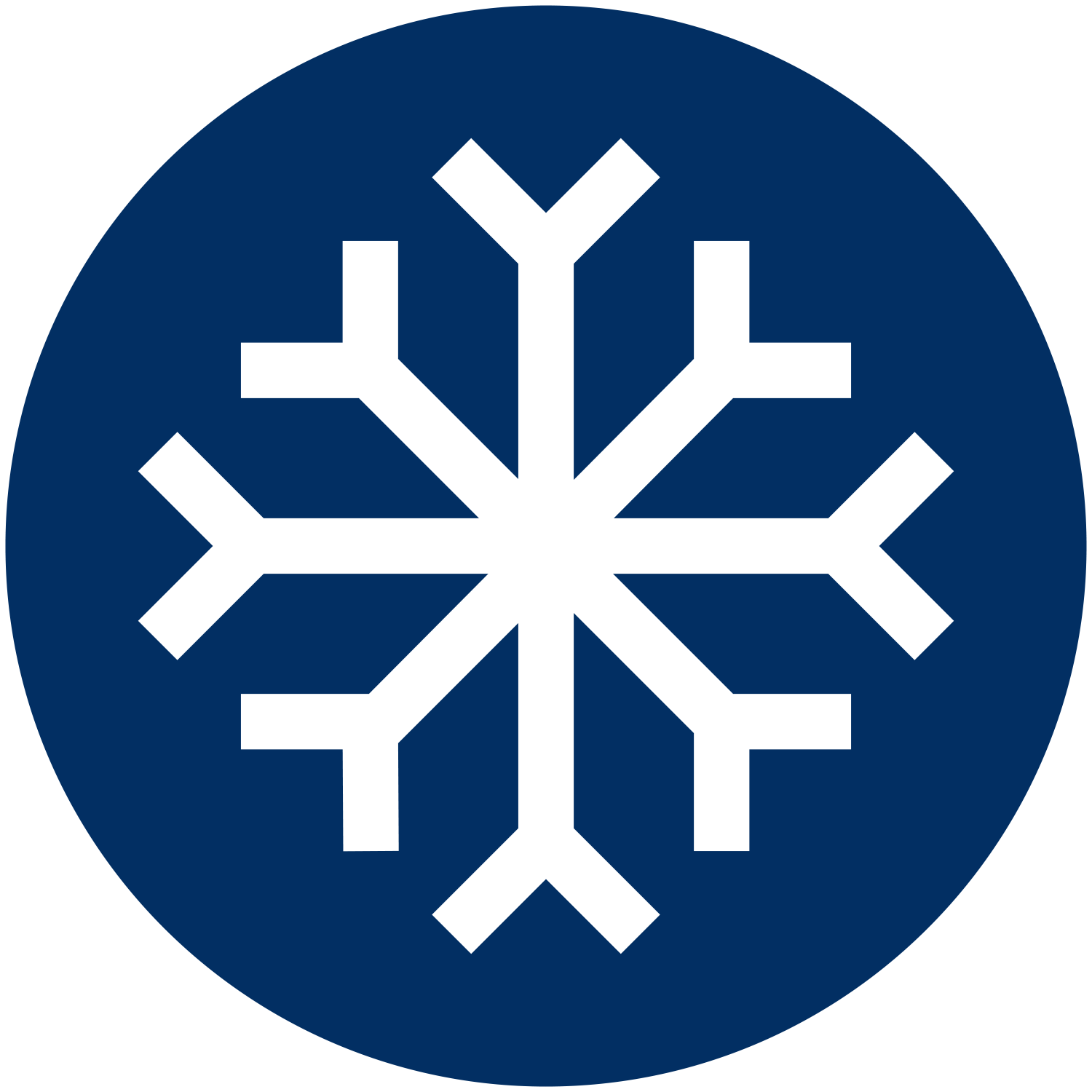 Weißes Schneeflocken-Symbol auf blauem, kreisförmigem Hintergrund.