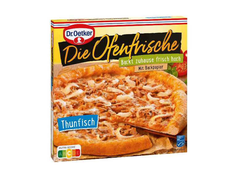 Tiefkühlpizza mit Thunfisch und Zwiebeln im Karton