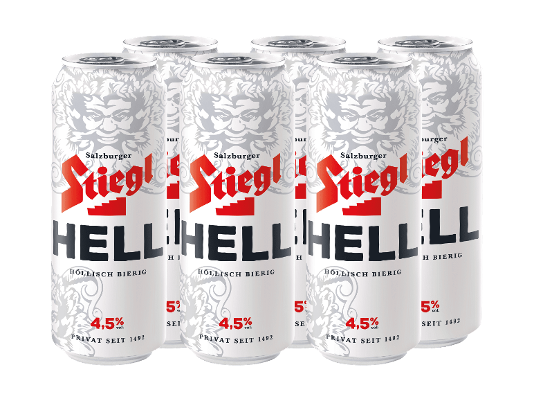 Sechserpack Dosen helles Bier mit 4,5 % Alkoholgehalt.