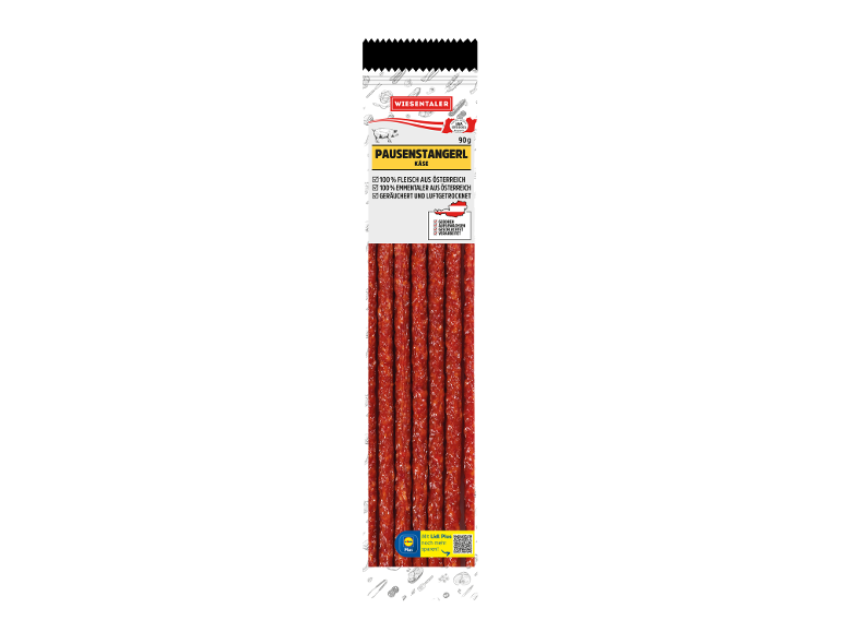 Österreichische geräucherte Käse-Pausenstangerl, 90-g-Packung.