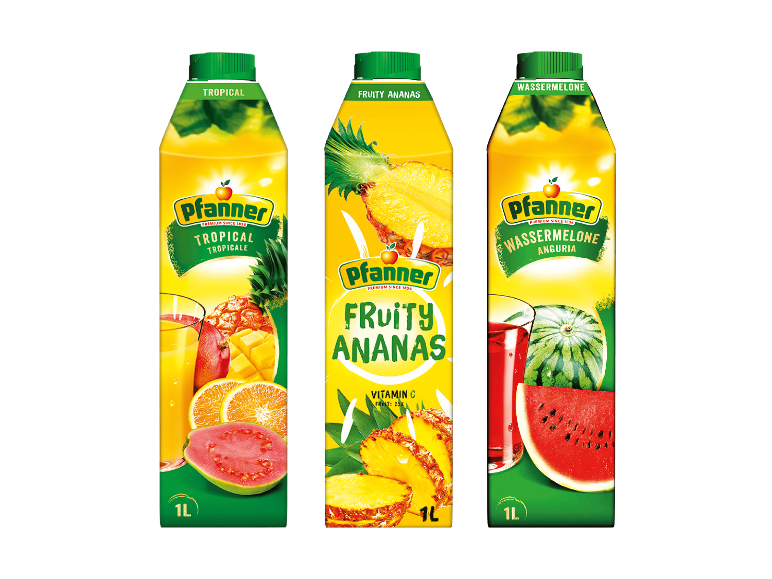 Drei Ein-Liter-Kartons mit Fruchtsäften: Tropical, Ananas und Wassermelone.