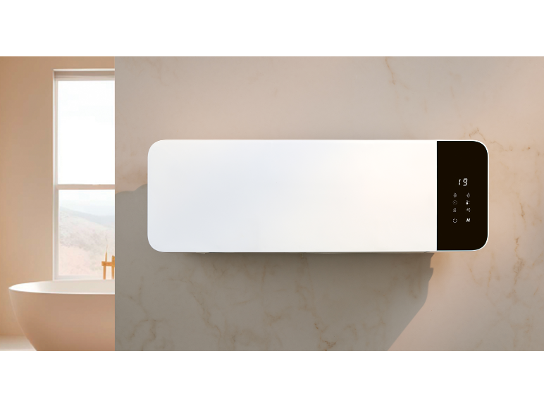 Weißer Wandheizer mit Digitalanzeige in einem modernen Badezimmer mit Badewanne.