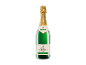 Eine Flasche trockener Sekt mit Goldfolie auf dem Korken.