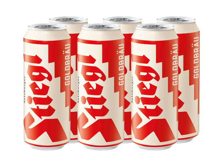 Sechs Dosen helles Bier im rot-weißen Design.