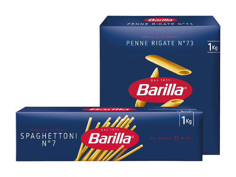 Zwei blaue Nudelpackungen: Spaghettoni n°7 und Penne Rigate n°73.