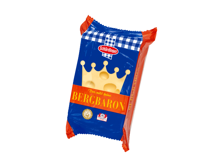 Verpackter milder Bergkäse in Form einer Krone auf blauem Hintergrund.