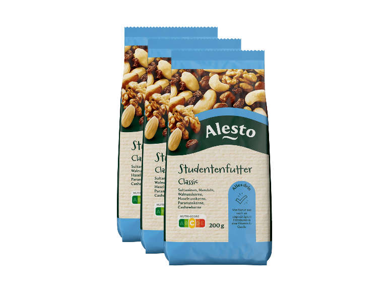 Drei Packungen Alesto Studentenfutter Classic Nuss-Frucht-Mischung.