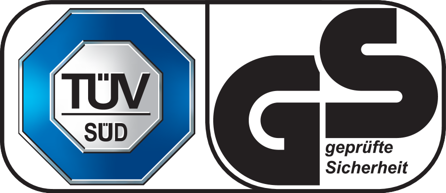TÜV SÜD und GS geprüfte Sicherheit Siegel.