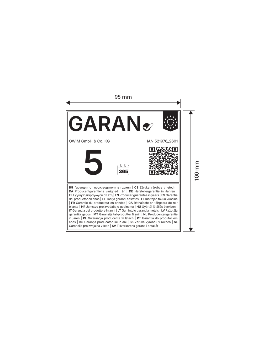 5 Jahre Garantie, 365 Tage, Maße 95 mm x 100 mm.