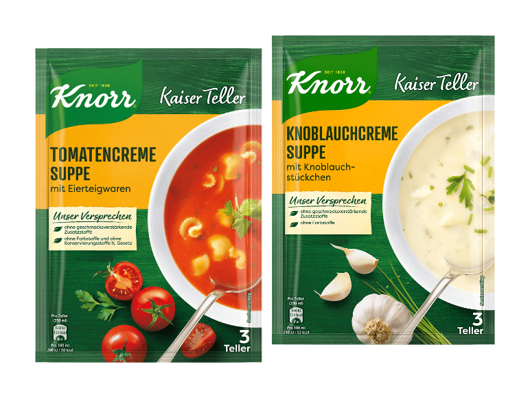 Zwei Beutel Instantsuppe: Tomatencremesuppe und Knoblauchcremesuppe.