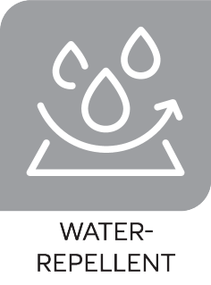 Wasserabweisendes Abzeichen mit Wassertropfen und einem geschwungenen Pfeil.