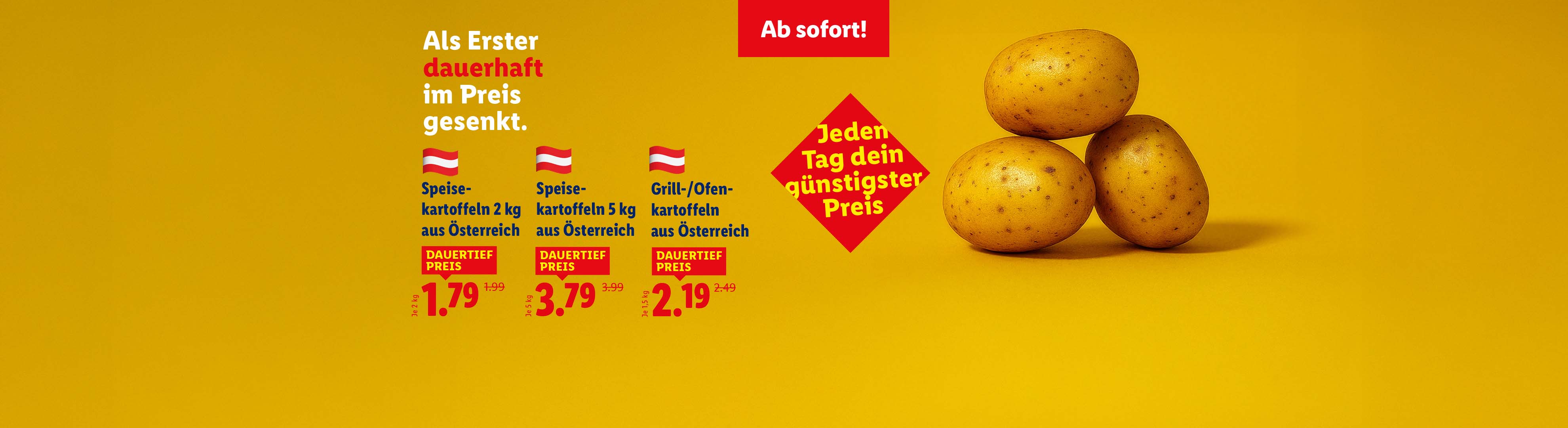 Lidl-Werbung für dauerhaft gesenkte Preise auf Speise-, Grill- und Ofenkartoffeln aus Österreich.