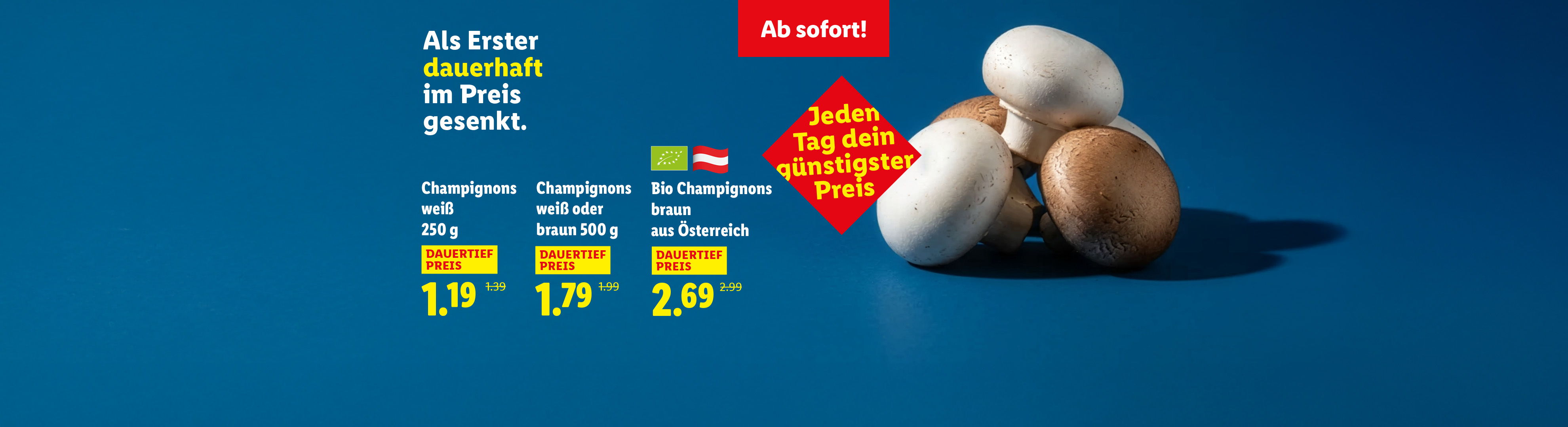 Dauerhaft reduzierte Champignons in verschiedenen Größen und Bio-Champignons aus Österreich.